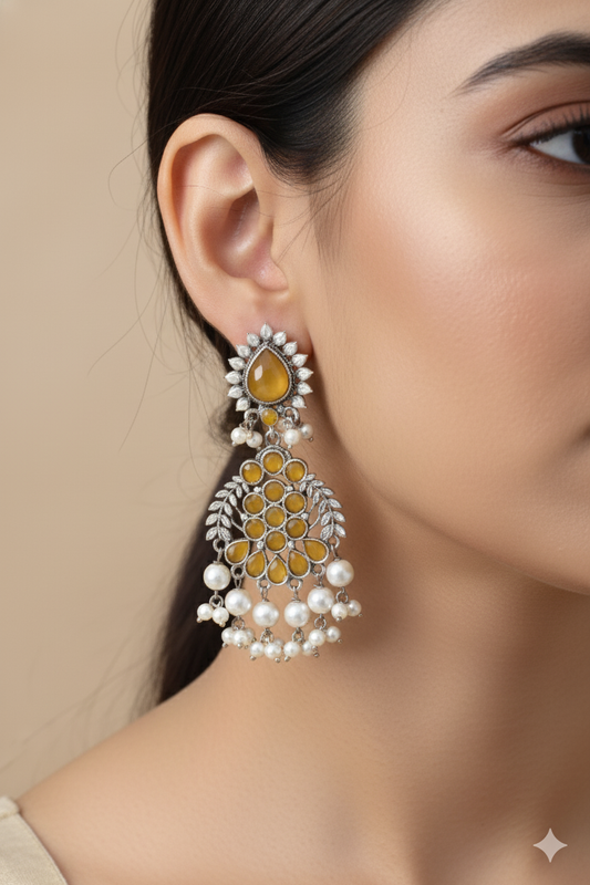 Yellow Monalisa Chandbali with Pearl Drops | Oxidised German Silver