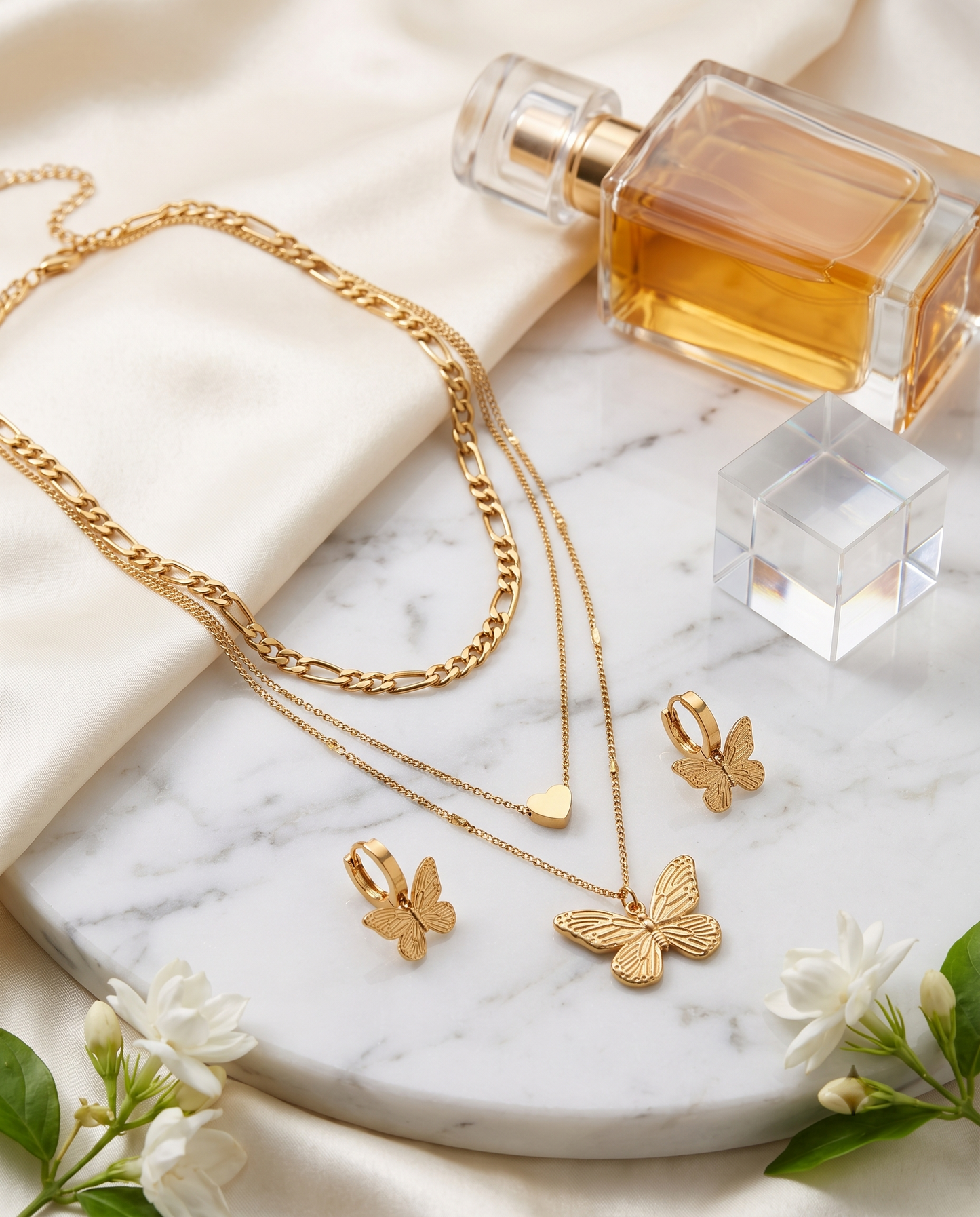 Layered butterfly pendant necklace and matching butterfly earrings set, 18K gold plated – worn styled shot
