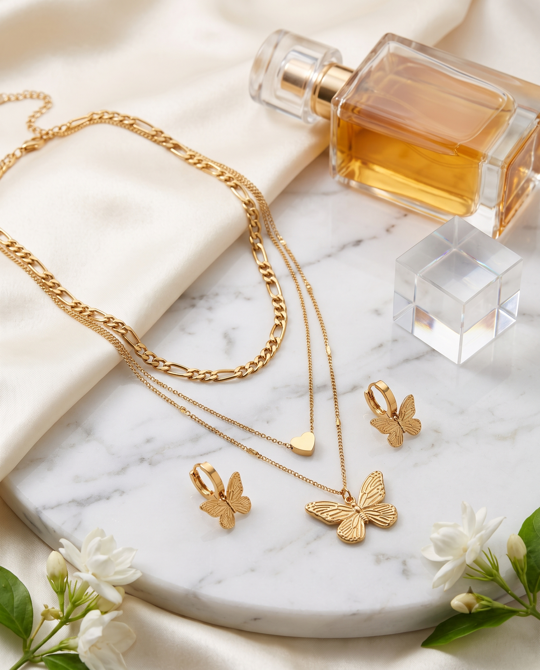 Layered butterfly pendant necklace and matching butterfly earrings set, 18K gold plated – worn styled shot