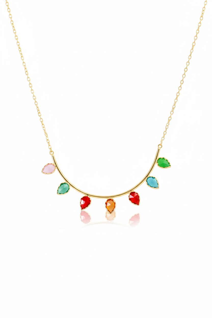 Leaf Design Multicolor Necklace | Natural Stones, Gold-Plated Brass