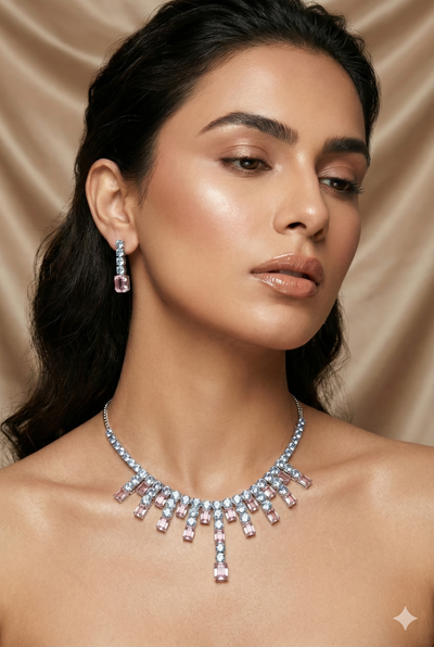 Pink Crystal Drop Korean Glass Stone Necklace Set | Premium Jewellery