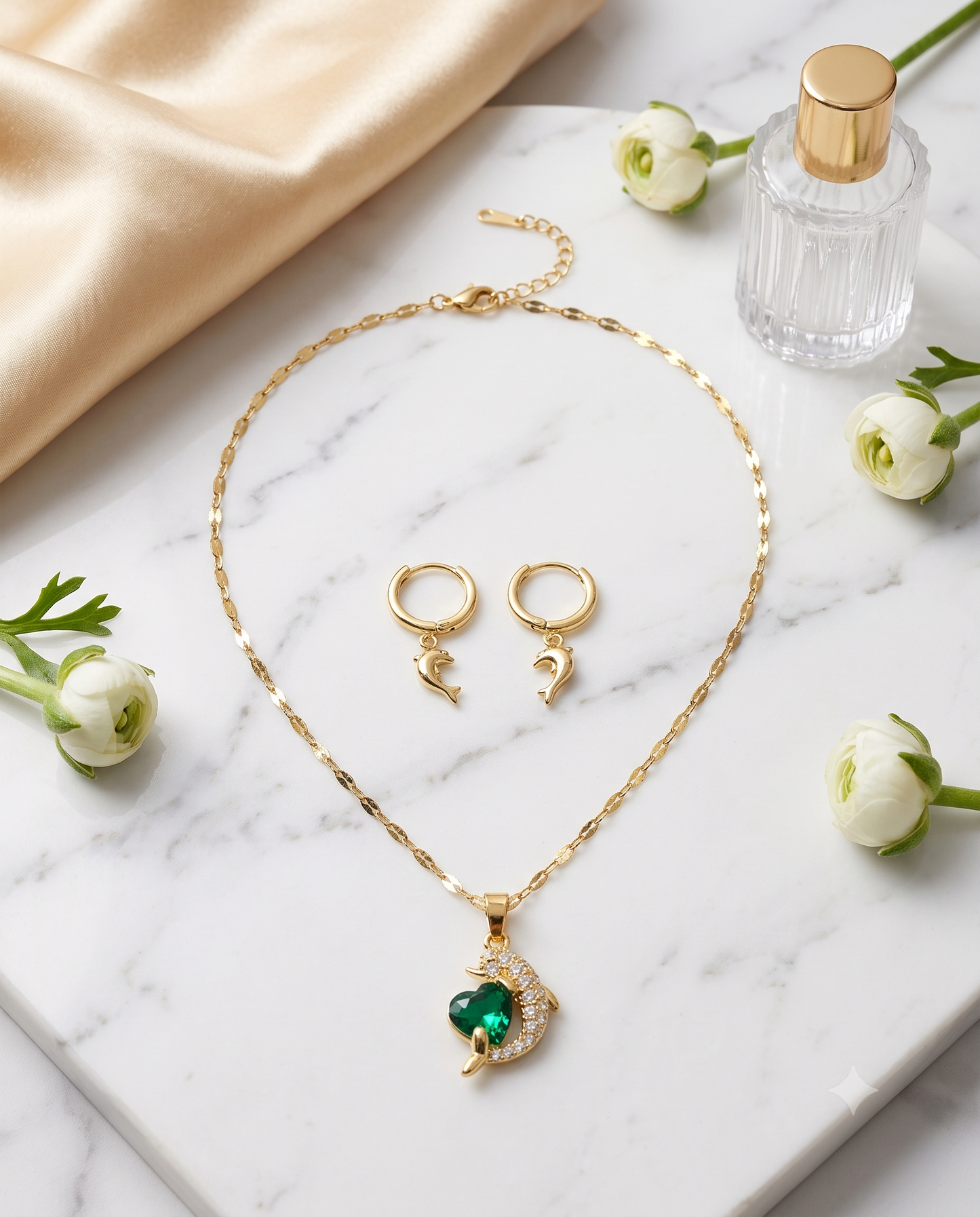 Dolphin heart zircon pendant necklace and matching earrings set, gold plated – worn styled shot