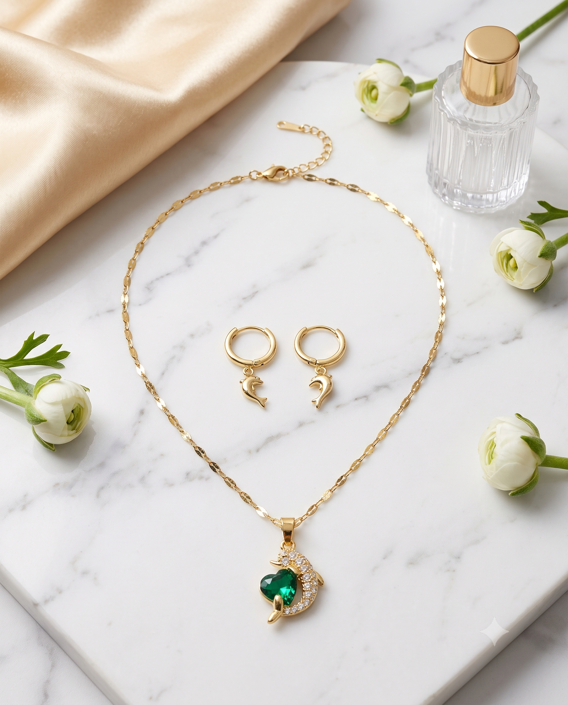 Dolphin heart zircon pendant necklace and matching earrings set, gold plated – worn styled shot