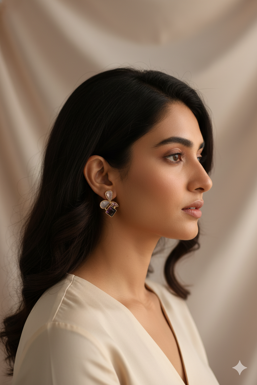 Amethyst Cluster Earrings with Champagne & Blush Petals | Natural Stones, Gold‑Plated Brass