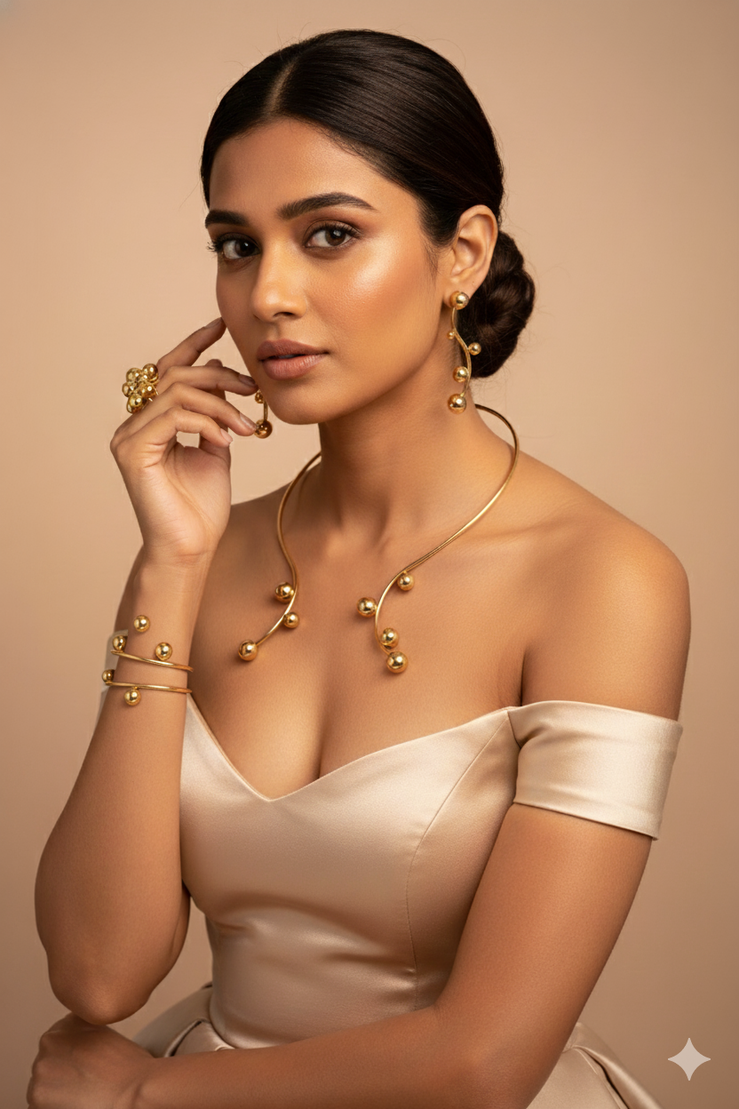 Gold Plated Modern Orb Bead Jewellery Set (Necklace, Earrings, Bracelet) | Sculptural Statement | Anti‑Tarnish – anti-tarnish necklace set for women India – MaxiBlink