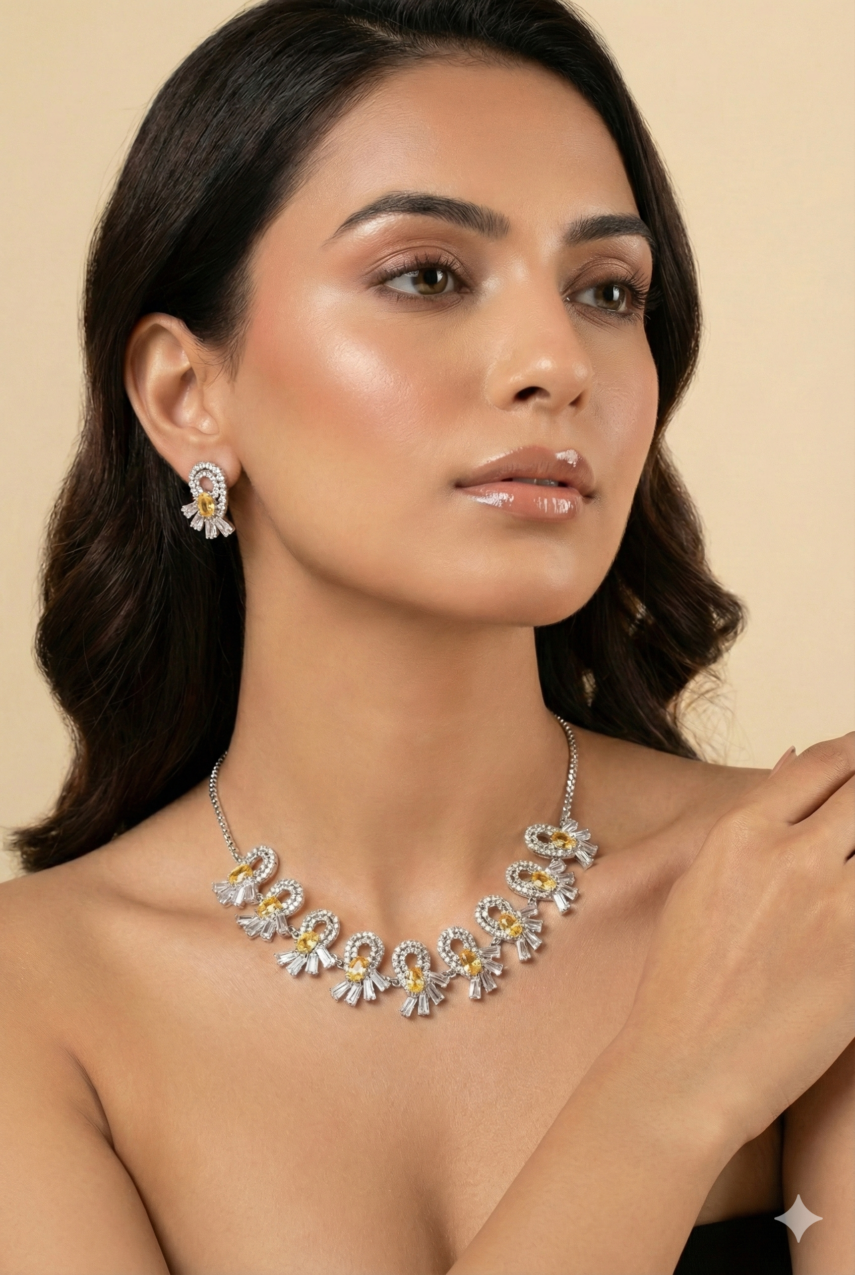 Yellow Korean Glass Stone Necklace Set with Earrings | Premium Crystal Jewellery – necklace set for women India – MaxiBlink