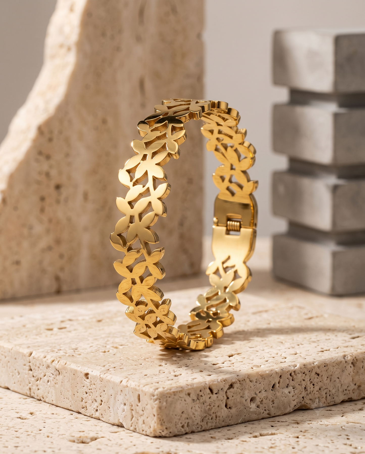 Golden Leaf Link Hinged Bangle Bracelet