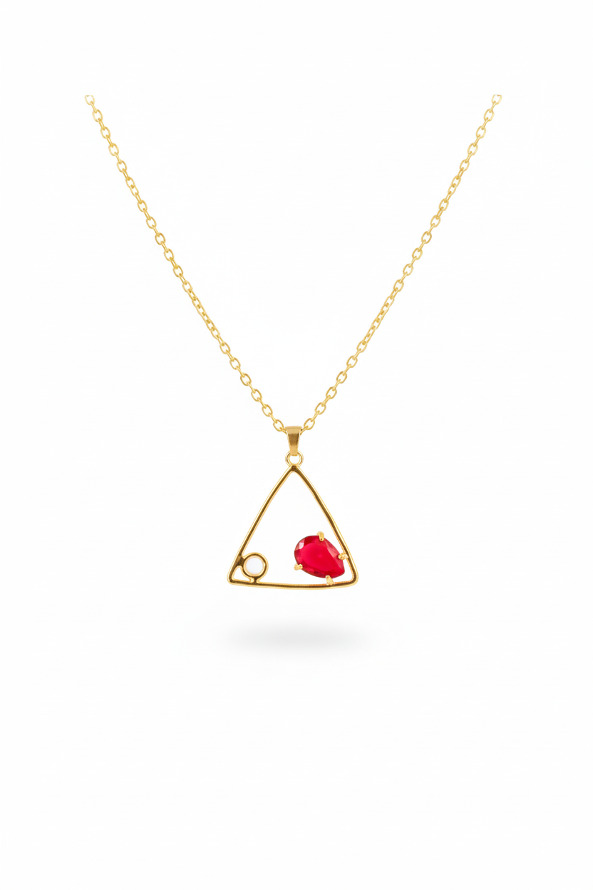 Geometric Triangle Pendant with Red Stone | Natural Stone Chain Pendant, Gold-Plated Brass