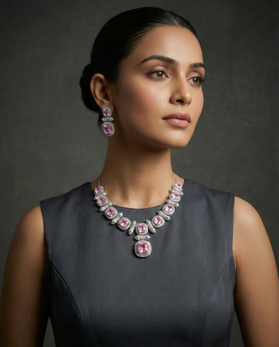 Blush Pink Cushion Cut Necklace Set with Crystal Halo | Elegant Bridal Jewellery