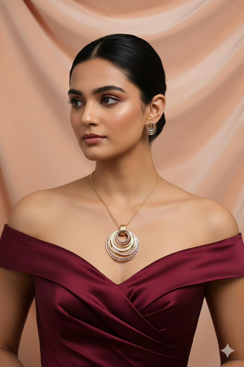 Layered Circle Pendant Set - Gold Plated Multi Ring Necklace & Earrings | Anti Tarnish Coating