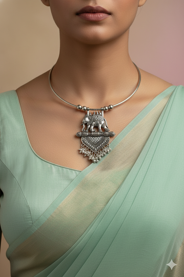 Oxidised German Silver Hansli Necklace with Elephant Motif & Heart Pendant | Antique Tribal Jewellery