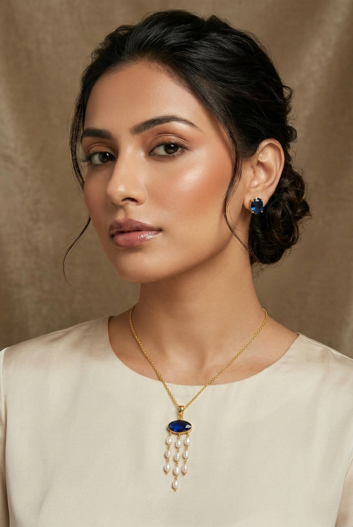 Blue Natural Stone Pearl Tassel Pendant Necklace – Gold Plated Brass Elegant Jewelry