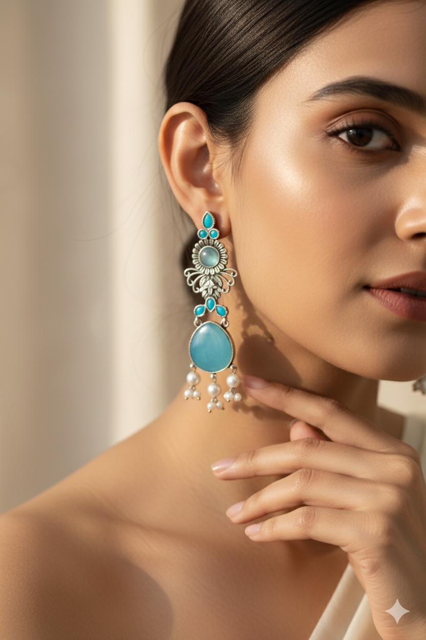 Blue Monalisa Stone German Silver Oxidised Drop Earrings