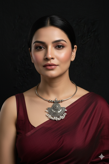 Oxidised German Silver Hansli Necklace with Semi-Circle Pendant