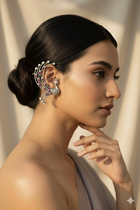 Peacock Ear Cuff Style Earrings with Maroon Accents | Oxidised German Silver