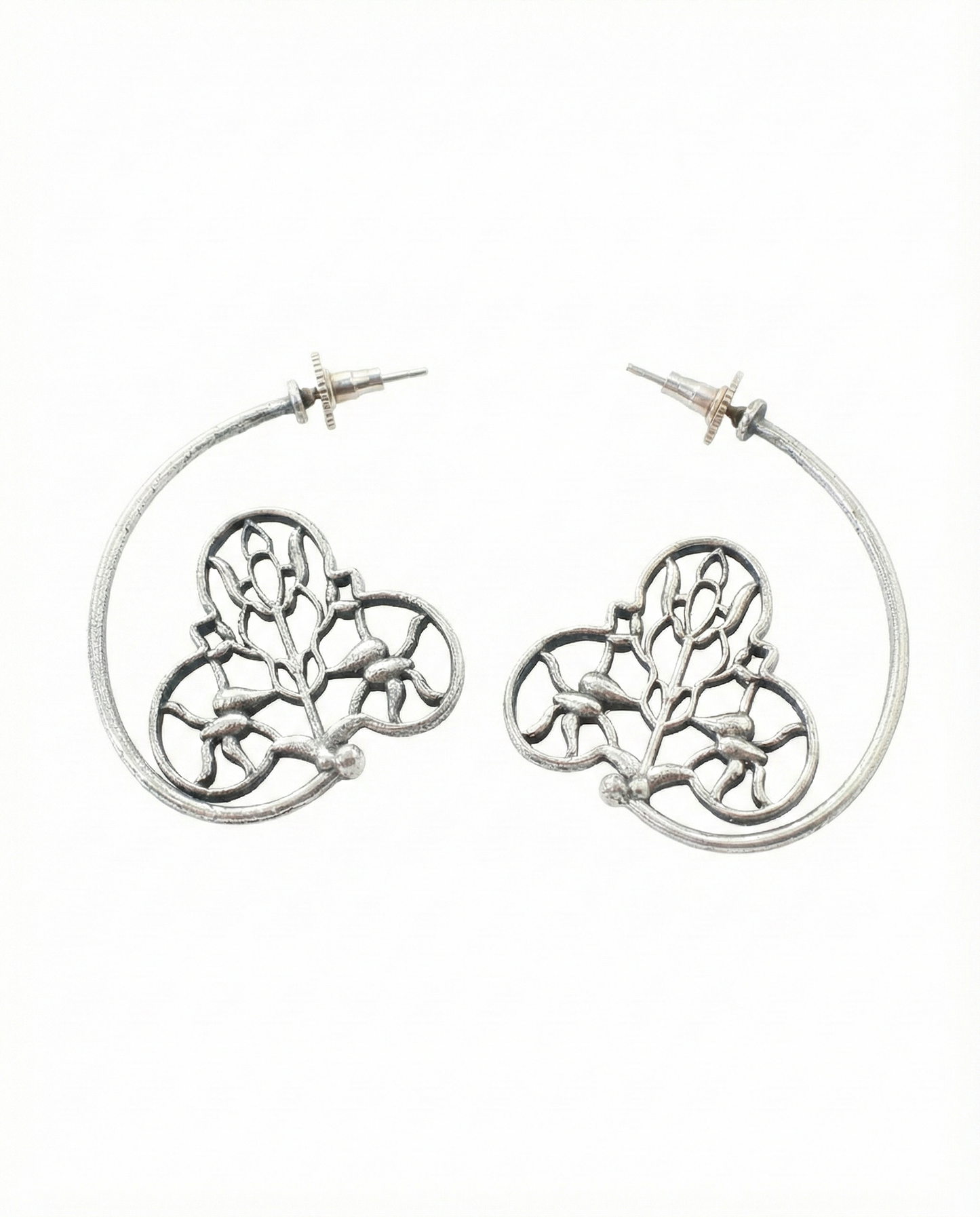 Floral Filigree Crescent Oxidised German Silver Earrings | Artistic Antique Statement Earrings