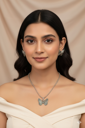 Butterfly Pendant Set with Matching Studs | Oxidised German Silver