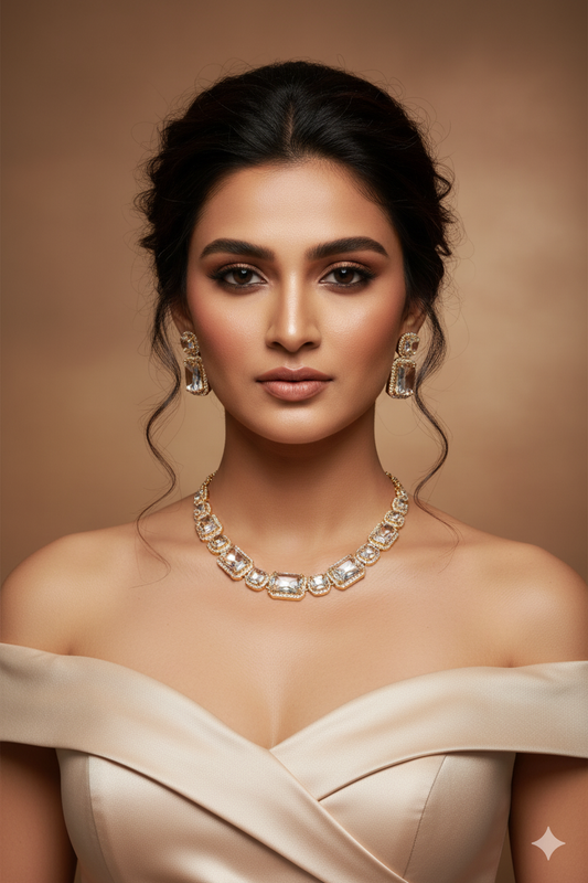 Champagne Gold AD Necklace Set | Elegant Cubic Zirconia Jewelry