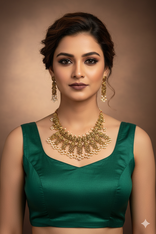 Antique Lakshmi Coin Temple Necklace Set with Ruby Kemp & Pearls