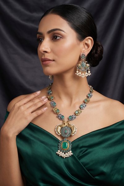 Royal Aqua Dual-Tone Peacock Necklace Set