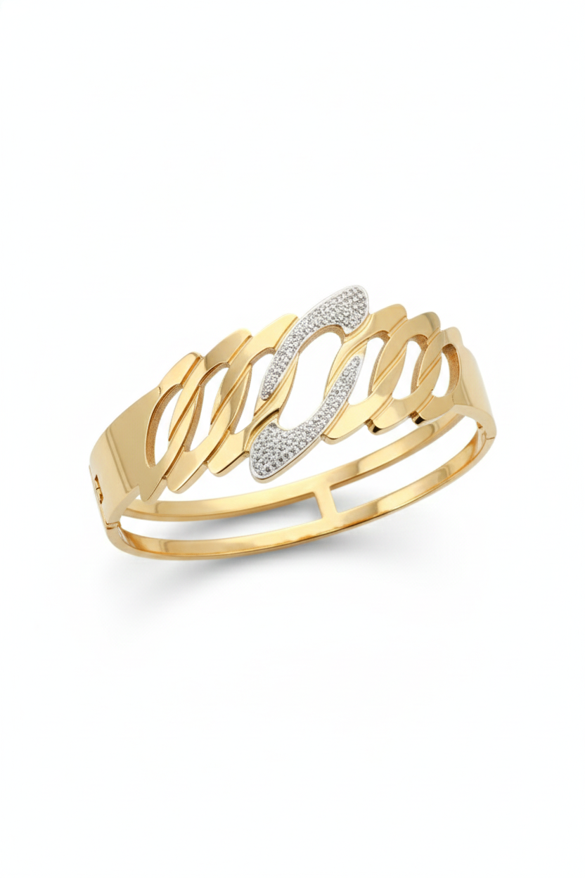 Anti-Tarnish Gold Sculpted Geometric Cuff Bracelet – Stainless Steel with CZ Detailing