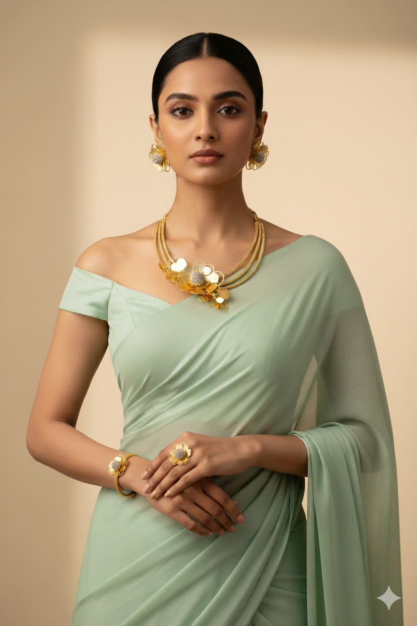 Gold Plated Layered Floral Bridal Jewellery Set with AD Center (Necklace, Earrings, Bracelet, Ring) | Anti‑Tarnish – anti-tarnish necklace set for women India – MaxiBlink