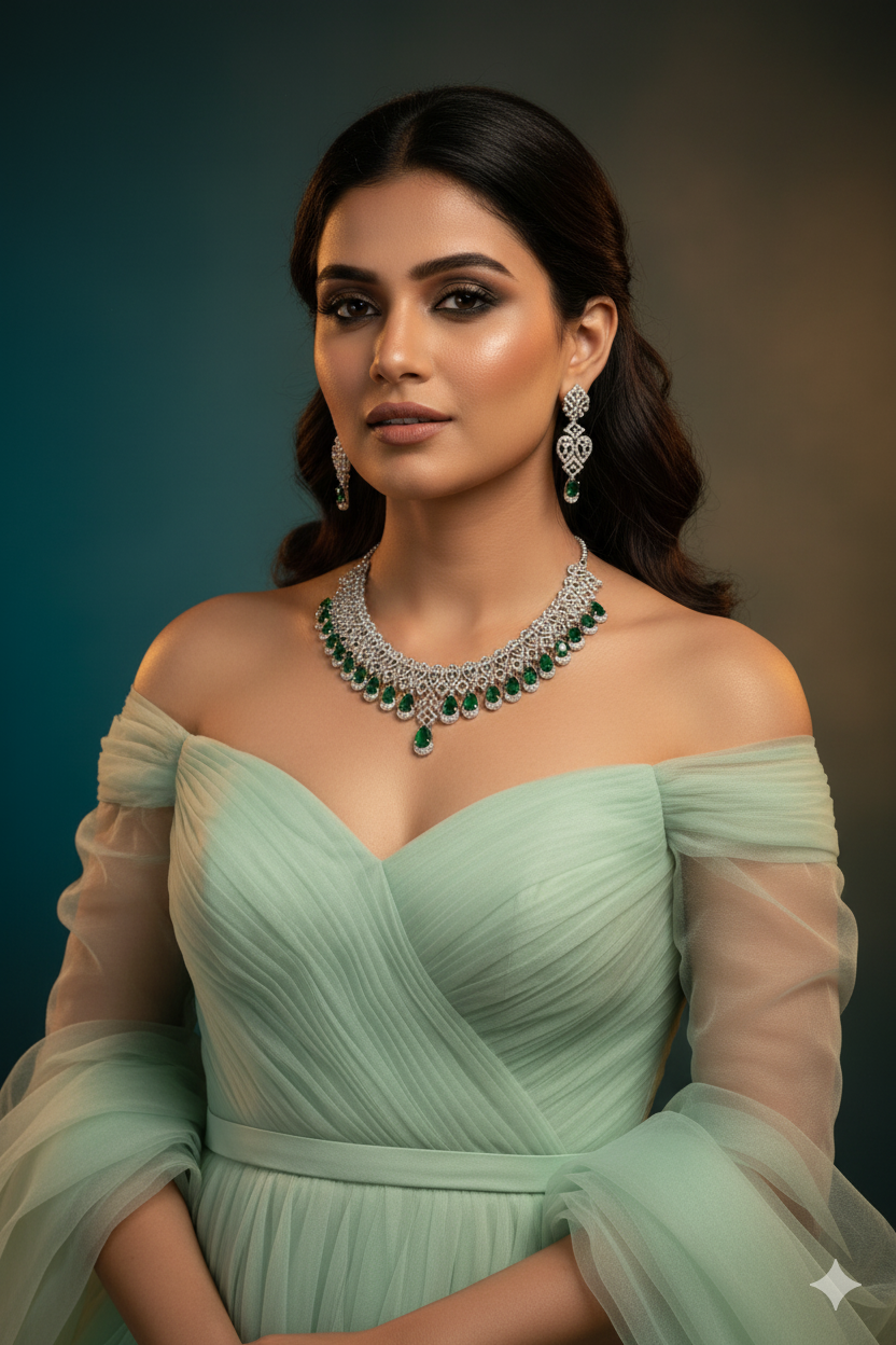 Classic Emerald Drop Bridal Necklace Set