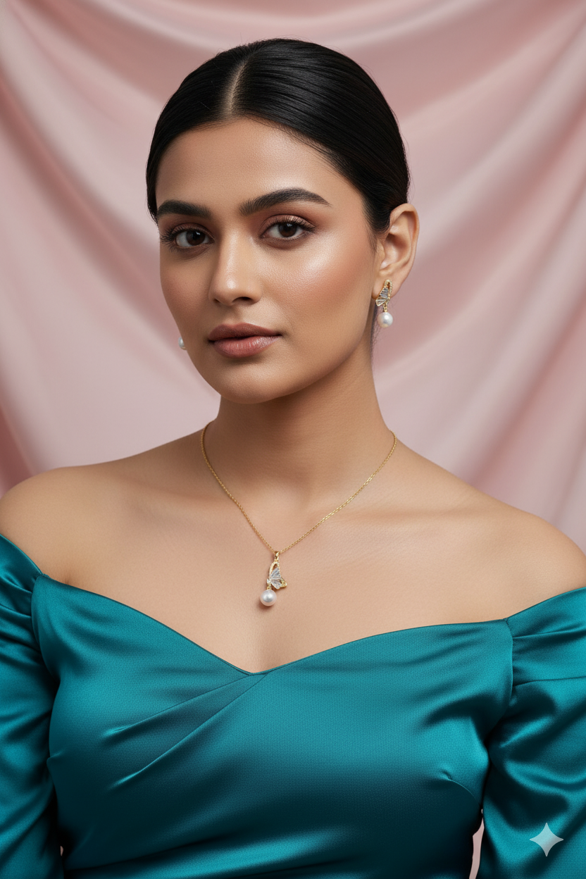 Butterfly Pearl Pendant Set - Gold Plated Butterfly Design with White Pearls | Luxury Anti Tarnish