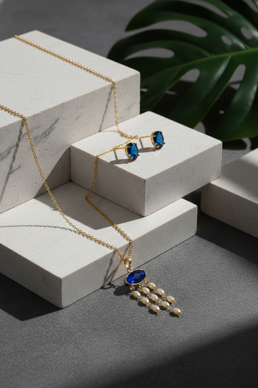 Blue Natural Stone Pearl Tassel Pendant Necklace – Gold Plated Brass Elegant Jewelry