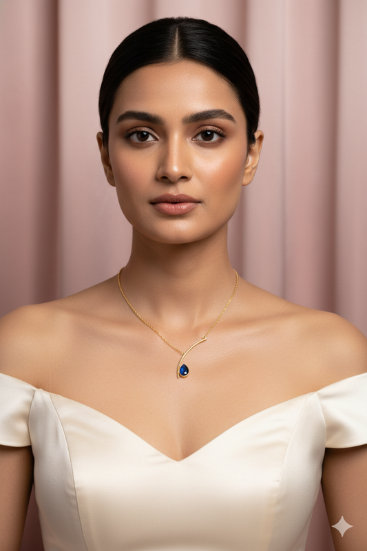 Curved Bar Chain Necklace with Blue Teardrop Natural Stone | Brass Anti Tarnish | Lightweight