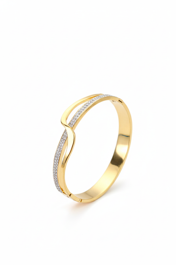 Anti-Tarnish Stainless Steel Bracelet — Gold Wave Crystal Line Bangle