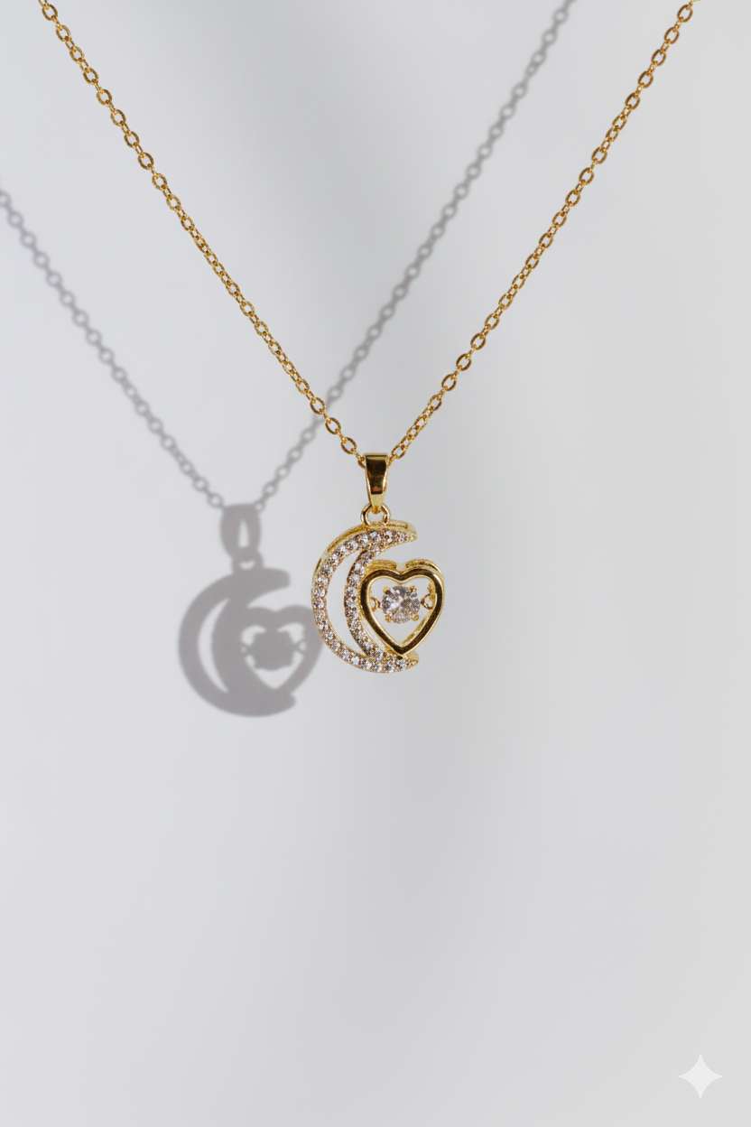 Moon & Heart Pendant Necklace – Gold Plated with CZ Stones