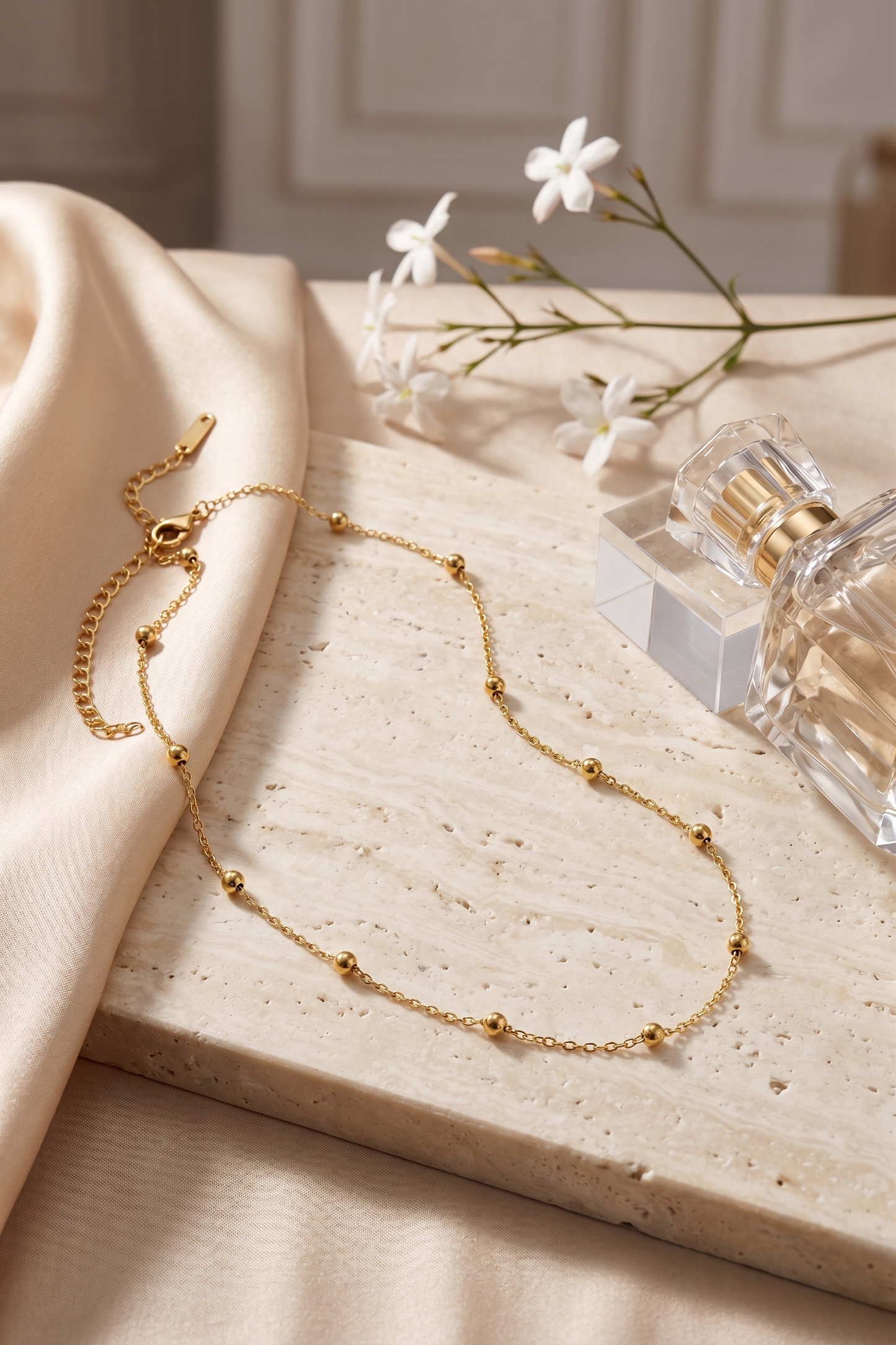 Dainty gold bead station chain necklace, 18K gold plated – clasp and chain detail