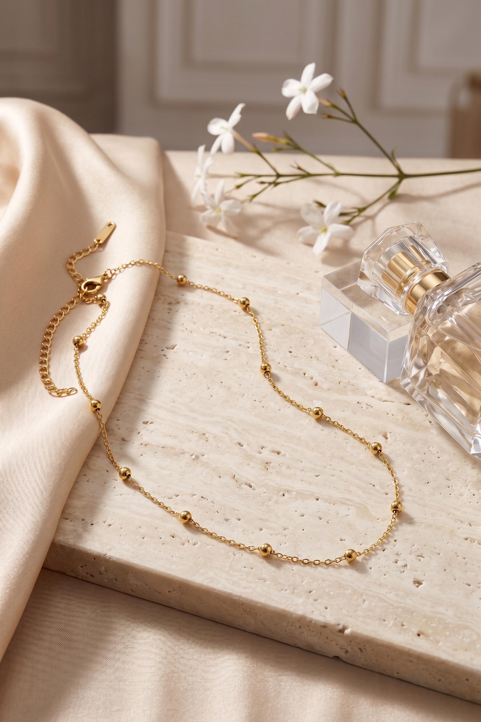 Dainty gold bead station chain necklace, 18K gold plated – clasp and chain detail