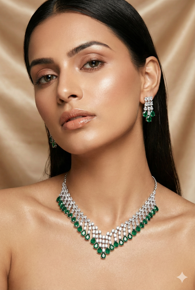 Emerald Layered Korean Glass Stone Necklace Set | Luxury Jewellery