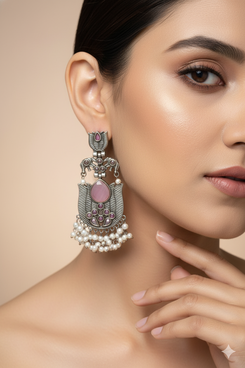 Pink Monalisa Stone Lotus Design German Silver Earrings