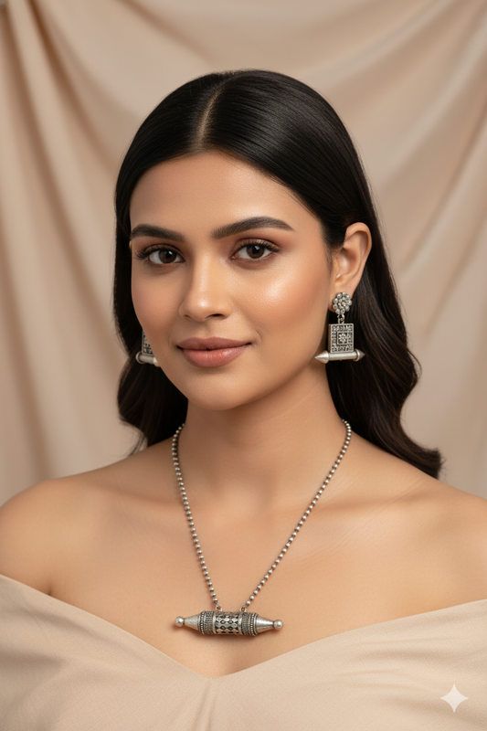 Taweez Barrel Pendant Set with Square Stud Earrings | Oxidised German Silver