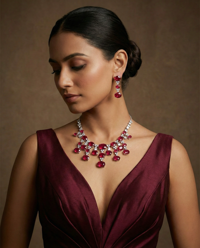 Ruby Red Oval Statement Necklace Set with Crystal Accents | Bridal Party Jewellery