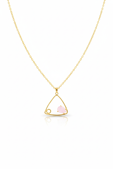 Geometric Triangle Pendant with Rose Quartz | Natural Stone Chain Pendant, Gold-Plated Brass
