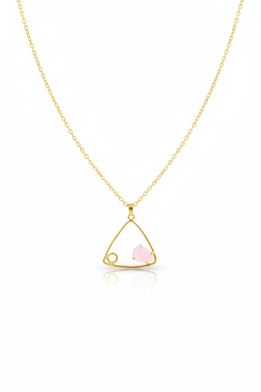 Geometric Triangle Pendant with Rose Quartz | Natural Stone Chain Pendant, Gold-Plated Brass