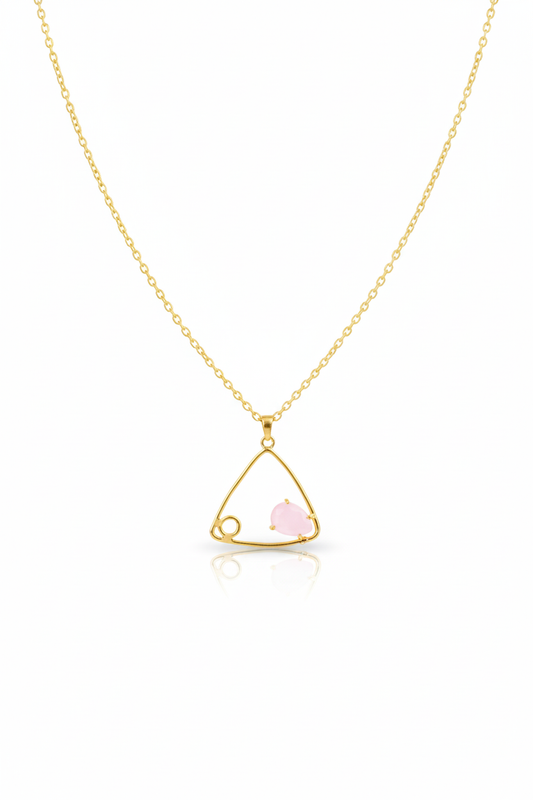 Geometric Triangle Pendant with Rose Quartz | Natural Stone Chain Pendant, Gold-Plated Brass