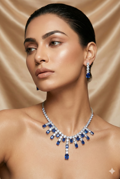 Royal Blue Crystal Drop Korean Glass Stone Necklace Set | Luxury Jewellery
