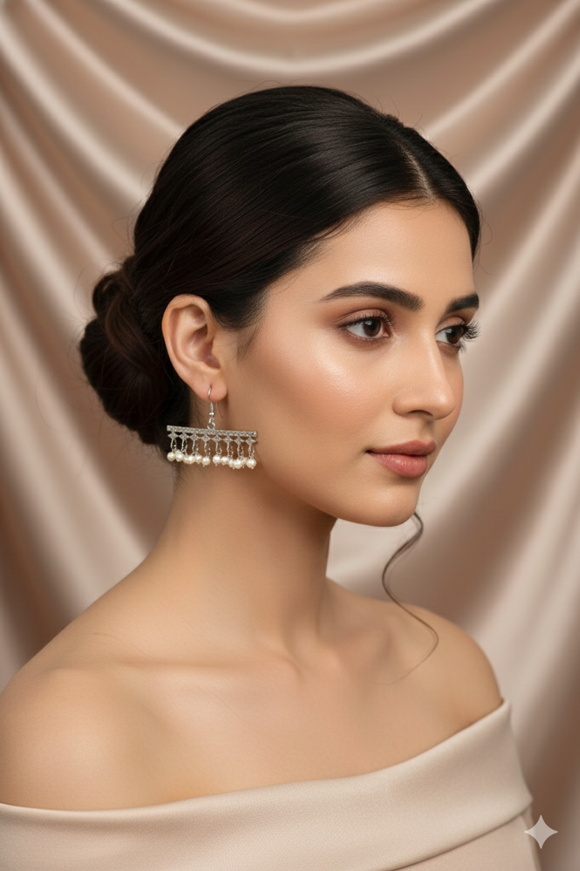 Oxidised Horizontal Pearl Bar German Silver Earrings