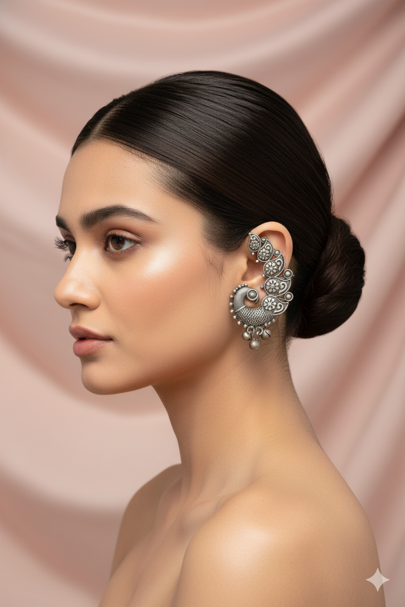 Oxidised German Silver Floral Peacock Earrings