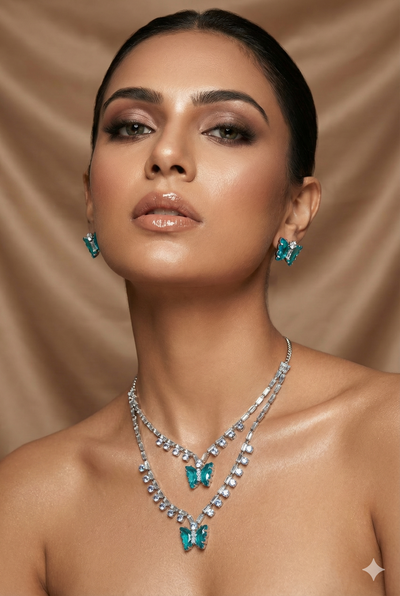 Teal Butterfly Korean Glass Stone Necklace Set | Premium Crystal Jewellery