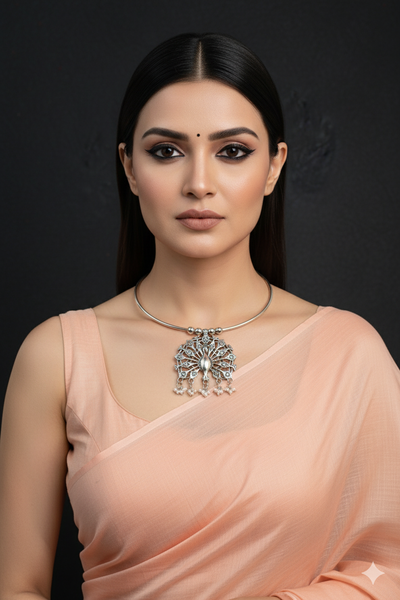 Oxidised German Silver Hansli Necklace with Peacock Design Pendant