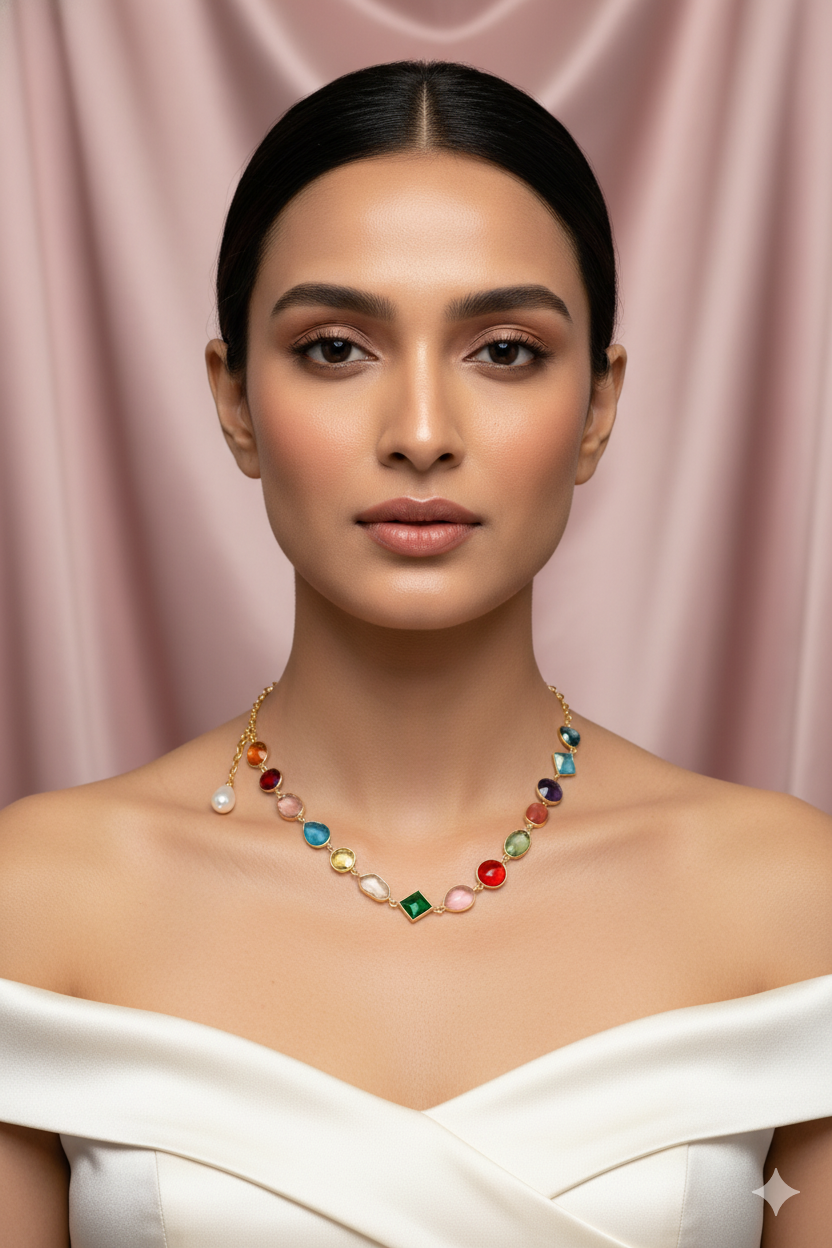 Multicolor Stone Chain Pendant with Pearl Drop | Natural Stones, Gold-Plated Brass