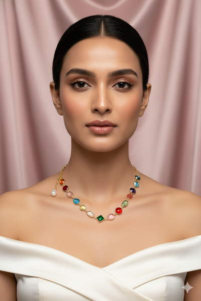 Multicolor Stone Chain Pendant with Pearl Drop | Natural Stones, Gold-Plated Brass