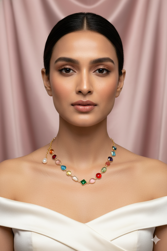 Multicolor Stone Chain Pendant with Pearl Drop | Natural Stones, Gold-Plated Brass