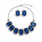 Korean Blue Rectangular Glass Stone Glass & AD Stone Necklace Set | Rhodium Plated Statement Bridal Jewelry with Earrings
